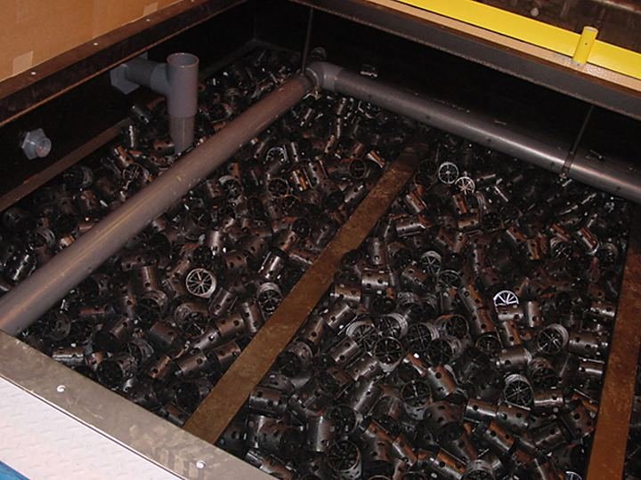 MBBR plastic biofilm carriers in an aeration tank