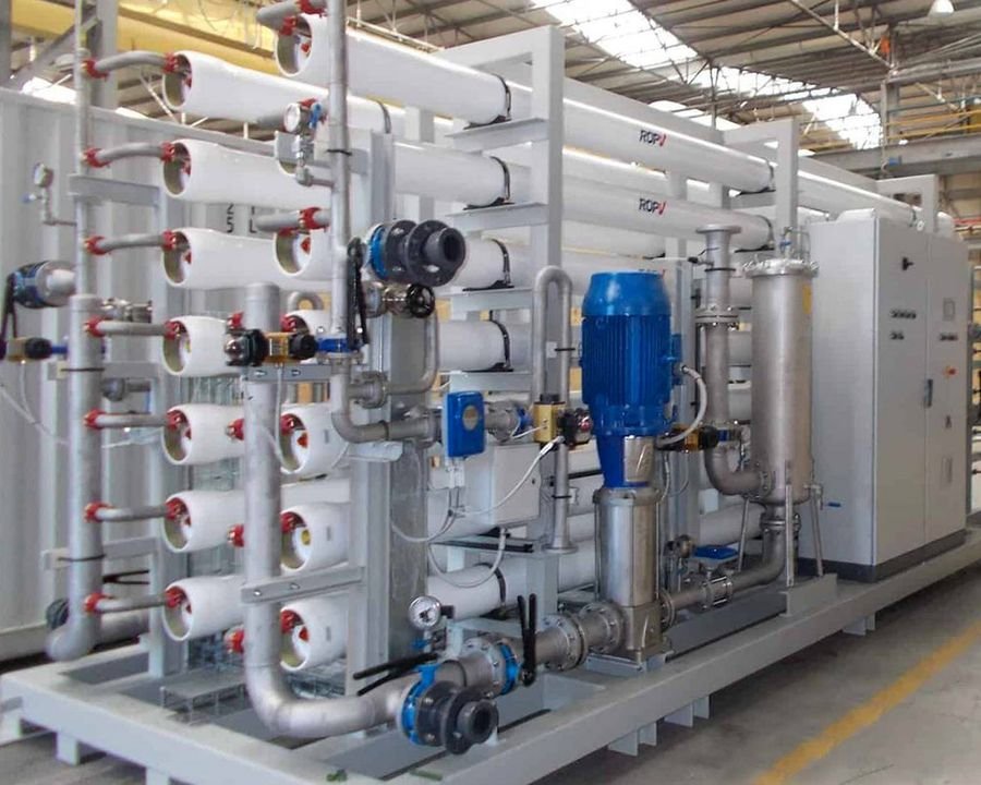 Food and beverage process water treatment skid inside a production hall
